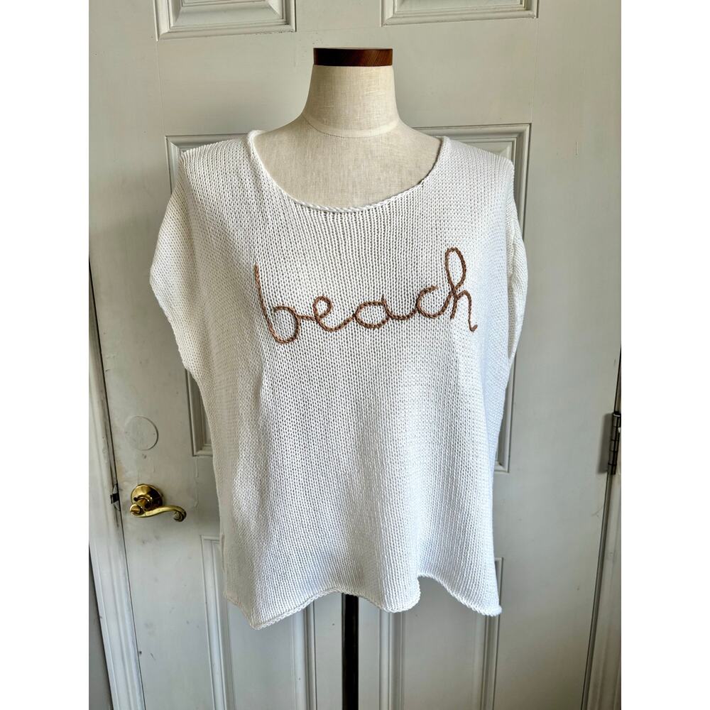 Wooden Ships knit short sleeve BEACH embroidered sweater sz M/L